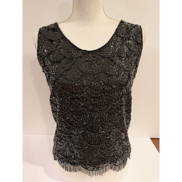 Hong Kong Hand Craft Tops - Tank Top Women's Vintage Wool Beaded Sequins Made in Hong Kong Size Medium
